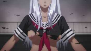 1girl 20s breast_focus breasts cloud cloudy_sky dark_skin highres ikkitousen large_breasts long_hair midriff nipples no_bra one_breast_out open_mouth railing ryona school_uniform shin_ikkitousen shiny_skin shirt skirt sky solo standing stitched third-party_edit torn_clothes torn_shirt wide_hips yamada_asaemon_(ikkitousen)