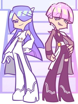 2boys alternate_costume alternate_hair_length alternate_hairstyle asymmetrical_clothes black_nails blue_eyes bodysuit brothers buttons cape closed_mouth commentary_request double-breasted earrings grin hair_over_one_eye half_updo hand_on_own_hip high_heels highres jewelry long_hair looking_at_viewer male_focus multiple_boys nail_polish over_shoulder panty_&amp;_stocking_with_garterbelt polyester_(psg) polyurethane_(psg) sash see-through_clothes see-through_sleeves siblings sleeveless sleeveless_bodysuit smile smirk standing triangle_earrings twitter_username ugo_shumi white_sash