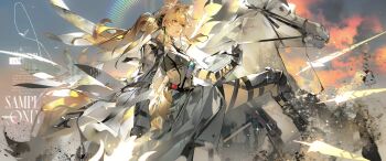 Rule 34 | 1girl, animal ears, arknights, blonde hair, cowboy shot, highres, horse, horse ears, knee up, llmia4, long hair, nearl (arknights), nearl the radiant knight (arknights), standing