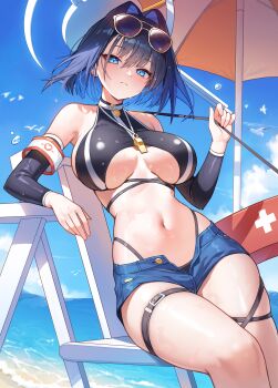 Rule 34 | 1girl, absurdres, beach, beach umbrella, bikini, black bikini, blue eyes, blue hair, blue sky, breasts, chair, cloud, day, denim, denim shorts, detached sleeves, esseppd, eyewear on head, hair intakes, halo, highres, hololive, hololive english, large breasts, lifeguard, lifeguard chair, navel, ocean, open fly, ouro kronii, outdoors, short shorts, shorts, sky, solo, stomach, sunglasses, swimsuit, umbrella, virtual youtuber, whistle, whistle around neck