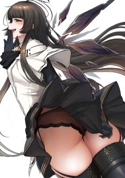 1girl absurdres angel arknights ass black_gloves black_halo black_panties black_skirt black_wings breasts clothes_lift commentary detached_wings gloves halo highres long_hair mole mole_under_eye panties radioneet shirt simple_background skirt skirt_lift small_breasts solo underwear very_long_hair virtuosa_(arknights) white_background white_shirt wings