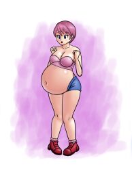 Rule 34 | 1girl, arms under breasts, bad tag, belly stuffing, blue eyes, blue shorts, breasts, female focus, full body, humanized, inflation, kirby, kirby (series), nintendo, pink hair, pink skirt, saf-404, shoes, short hair, short shorts, shorts, sideboob, skirt, solo focus, thick thighs, thighs, white background, worried
