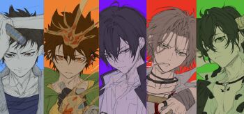 Rule 34 | 5boys, animal print, arm up, bandaged hand, bandages, black gloves, black hair, black jacket, blue shirt, brown eyes, cigarette, closed mouth, collarbone, collared jacket, collared shirt, commentary, cow horns, cow print, fingerless gloves, fire, gloves, gokudera hayato, green eyes, grey eyes, grey hair, grey shirt, hair between eyes, hibari kyouya, highres, holding, holding sword, holding weapon, horns, jacket, jewelry, katana, katekyo hitman reborn!, lambo, male focus, multiple boys, necklace, one eye closed, open clothes, open collar, open shirt, orange eyes, parted hair, parted lips, sanpaku, sawada tsunayoshi, shirt, short hair, sketch, slia aaa, smile, smoke, smoke trail, smoking, sword, unfinished, weapon, white shirt, wing collar, yamamoto takeshi