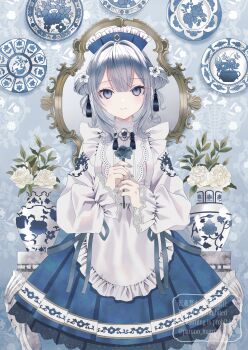 Rule 34 | 1girl, absurdres, apron, blue eyes, blue flower, blue headdress, blue nails, blue skirt, blush, closed mouth, collared shirt, commentary request, cowboy shot, double bun, fingernails, flower, frilled apron, frilled skirt, frills, grey hair, hair bun, hair flower, hair ornament, hands up, highres, holding, holding flower, lolita fashion, long sleeves, looking at viewer, maid, maid apron, maid headdress, medium hair, mirror, nail polish, original, paruno, plate, puffy long sleeves, puffy sleeves, shirt, sidelocks, skirt, smile, solo, standing, tassel, tassel hair ornament, vase, watermark, white apron, white flower, white shirt