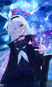 1girl absurdres black_coat black_hairband black_pantyhose black_sailor_collar black_serafuku blue_archive blurry bokeh braid coat colored_inner_hair commentary_request depth_of_field from_below gun hair_ribbon hairband highres holographic_monitor m1i_i109 meteor_shower multicolored_hair neckerchief night pantyhose plana_(blue_archive) ribbon sailor_collar school_uniform serafuku single_braid sitting sky solo star_(sky) weapon white_hair white_neckerchief white_ribbon