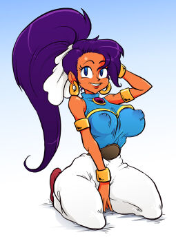 Rule 34 | 1girl, arabian clothes, armlet, asha (monster world), belt, blue eyes, bracelet, breasts, cosplay, covered erect nipples, dark-skinned female, dark skin, earrings, female focus, hair ribbon, highres, hoop earrings, jewelry, kneeling, lips, long hair, lots of jewelry, monster world, monster world iv, perky breasts, ponytail, puffy nipples, purple hair, ribbon, sega, shantae, shantae (cosplay), shantae (series), sleeveless, sleeveless turtleneck, smile, solo, sparrow (jj2oxx), taut clothes, turtleneck, wayforward