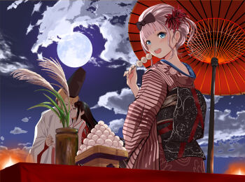 1boy 2girls alternate_hairstyle black_bow black_hair black_sash blonde_hair blue_eyes blunt_bangs bow brown_hat clothing_request cloud cloudy_sky commentary_request dango food fujiwara_chika full_moon gibun_(sozoshu) hair_bow hair_ornament hat hetero highres holding_hands japanese_clothes kaguya-sama_wa_kokurasetai_~tensai-tachi_no_renai_zunousen~ kimono long_hair looking_at_viewer moon multiple_girls nape obi open_mouth pink_hair red_kimono red_umbrella sash shinomiya_kaguya shirogane_miyuki short_hair sitting sky smile susuki_grass teeth tsukimi tsukimi_dango umbrella upper_teeth_only wagashi