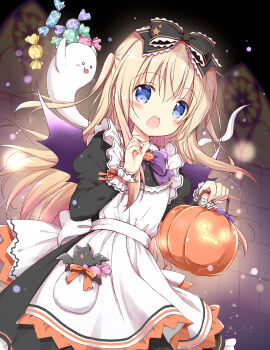 1girl apron black_bow black_dress blonde_hair blue_eyes bow candy_wrapper commentary_request dress ghost hair_bow halloween hands_up highres holding jack-o&#039;-lantern juliet_sleeves long_hair long_sleeves nanase_miori open_mouth original puffy_sleeves purple_bow solo star_(symbol) two_side_up very_long_hair white_apron