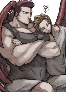 ... 2boys bara black_tank_top boku_no_hero_academia couple cowboy_shot crossed_arms endeavor_(boku_no_hero_academia) hand_on_another's_waist hawks_(boku_no_hero_academia) highres holding holding_shower_head large_pectorals male_focus mature_male multiple_boys muscular muscular_male pectoral_cleavage pectoral_lift pectorals red_hair short_hair shorts shower_head sitting sleeping sleeping_on_person sparse_chest_hair spiked_hair spoken_squiggle squiggle strongman_waist tank_top thick_eyebrows yama_21 yaoi