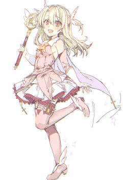 1girl blonde_hair blush boots breasts cape commentary detached_sleeves english_commentary fate/kaleid_liner_prisma_illya fate_(series) feather_hair_ornament feathers gloves gorirago hair_between_eyes hair_ornament highres holding holding_wand illyasviel_von_einzbern kaleidostick leg_up long_hair looking_at_viewer magical_girl open_mouth pink_boots pink_thighhighs prisma_illya red_eyes simple_background small_breasts solo standing standing_on_one_leg thigh_boots thighhighs two_side_up wand white_background