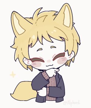 Rule 34 | 1boy, :3, alphard (alphard1224), animal ears, animated, animated gif, artist name, atou haruki, black jacket, blonde hair, blush stickers, brown sweater, chinese commentary, closed eyes, closed mouth, commentary request, cropped torso, fox boy, fox ears, fox tail, hand on own chin, jacket, kemonomimi mode, lapels, male focus, notched lapels, open clothes, open jacket, ribbed sweater, saibou shinkyoku, short bangs, short hair, simple background, smile, solo, sparkle, sweater, tail, white background