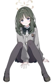 1girl absurdres arm_support between_legs black_bow black_bowtie black_pantyhose black_shoes black_skirt blue_archive blue_eyes blush bow bowtie brown_halo buttons cardigan chinese_commentary closed_mouth collared_shirt commentary_request convenient_arm diagonal-striped_bow diagonal-striped_bowtie diagonal-striped_clothes full_body green_hair grey_cardigan hair_intakes halo hand_between_legs head_tilt highres jyt knees_up long_hair long_sleeves looking_at_viewer making-of_available mary_janes miniskirt pantyhose partial_commentary puffy_long_sleeves puffy_sleeves shirt shoes sidelocks simple_background sitting skirt sleeves_past_wrists smile solo split_mouth straight-on striped_bow striped_bowtie striped_clothes tsumugi_(blue_archive) white_background white_shirt