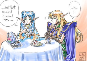 2girls armor artist_name biscuit_(bread) blade_of_fury blonde_hair blue_armor blue_cape breastplate cape capelet circlet commentary_request crossover cup cupcake dated deedlit drinking_glass earrings elf english_text food frieren green_eyes green_tunic holding holding_cup holding_saucer jewelry lips long_hair long_sleeves looking_at_cup looking_at_viewer multiple_girls pauldrons pointy_ears record_of_lodoss_war saucer shirt shoulder_armor sousou_no_frieren speech_bubble striped_clothes striped_shirt table tablecloth teacup teapot tongs tunic white_capelet white_hair yellow_trim