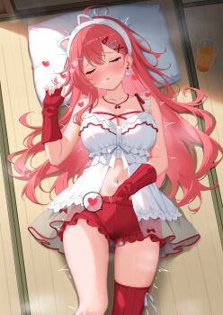 Rule 34 | 1girl, absurdres, ahoge, animal ear hairband, animal ears, asymmetrical legwear, babydoll, breasts, breasts out, cat ear hairband, cat earrings, cat ears, closed eyes, commentary request, double-parted bangs, earrings, fake animal ears, female masturbation, fingerless gloves, gloves, hair between eyes, hair ornament, hairband, hairclip, hand under clothes, hand under shorts, head on pillow, heart, highres, hololive, indoors, jewelry, long hair, loose gloves, lying, masturbation, navel, necklace, official alternate costume, on back, paid reward available, pillow, pink hair, red gloves, red shorts, red thighhighs, ribbed thighhighs, sakura miko, sakura miko (loungewear), short shorts, shorts, single sidelock, single thighhigh, solo, spoken heart, stomach, thighhighs, virtual youtuber, white babydoll, white clover (unfy8472), white hairband, x hair ornament