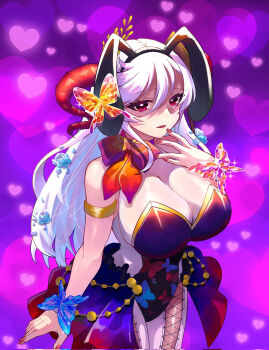 1girl alternate_costume animal_ears animal_print bodystocking bow breasts butterfly_ornament butterfly_print cleavage commentary detached_collar fake_animal_ears fire_emblem fire_emblem_heroes floppy_ears flower freyja_(fire_emblem) goat_horns hair_ornament hand_on_own_chest hand_up heart highres horns huge_breasts leotard long_hair looking_at_viewer nail_polish nintendo open_mouth playboy_bunny purple_background red_bow red_eyes red_nails ribbon showgirl_skirt solo strapless strapless_leotard teitokunanodesu very_long_hair white_hair white_leotard wide_hips wrist_ribbon