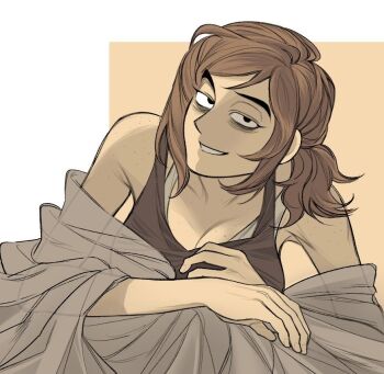 1girl bags_under_eyes bare_shoulders body_freckles breasts brown_hair brown_tank_top cleavage freckles grin inside_job lifeisassholee looking_at_viewer medium_breasts pointy_nose reagan_ridley shoulder_freckles smile tank_top