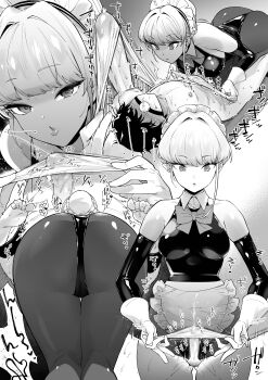 1boy 1girl absurdres apron ball_gag blue_archive breasts close-up cloth_glansjob clothed_female_nude_male erection expressionless faceless faceless_male femdom gag glansjob gloves highres large_breasts latex latex_leotard leotard looking_at_penis lotion maid maid_apron maid_headdress male_squirt mario_(mario_portal) monochrome multiple_views nude pantyhose penis restrained sequential short_hair shota size_difference small_penis staring tissue toki_(blue_archive)