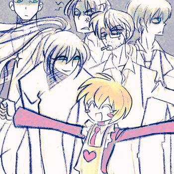 1girl 5boys :d anger_vein apron arms_up blonde_hair blue_eyes blush closed_eyes coat collared_shirt don_quixote_(project_moon) evil_smile frilled_apron frills gregor_(project_moon) grey_background heart heathcliff_(project_moon) highres holding holding_knife homilpain hong_lu_(project_moon) knife light_frown limbus_company limited_palette long_hair looking_at_another looking_to_the_side meursault_(project_moon) multiple_boys necktie open_mouth ponytail project_moon red_coat red_necktie shirt short_hair simple_background smile sweatdrop upper_body yi_sang_(project_moon)