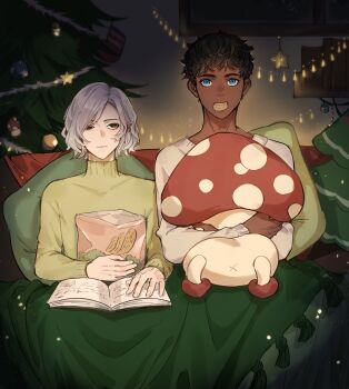 2boys absurdres bags_under_eyes black_eyes black_hair blue_eyes book chips_(food) christmas_tree couch curly_hair dark-skinned_male dark_skin dungeon_meshi elf food food_in_mouth grey_hair highres hugging_doll hugging_object indoors kabru lazy_eye long_sleeves looking_at_viewer male_focus mithrun multiple_boys notched_ear on_couch pointy_ears potato_chips rounda short_hair side-by-side sitting star_(symbol) stuffed_mushroom sweater uneven_eyes walking_mushroom_(dungeon_meshi)