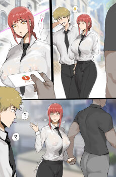 1girl 2boys ? between_breasts black_necktie black_pants black_shirt blonde_hair blurry blurry_background braid braided_ponytail breasts chainsaw_man collared_shirt comic covered_erect_nipples dark-skinned_male dark_skin heart hetero highres holding_hands large_breasts long_hair long_sleeves looking_at_another makima_(chainsaw_man) mouth_hold multiple_boys necktie necktie_between_breasts netorare nipples pants red_hair ringed_eyes see-through_clothes see-through_shirt shirt shirt_tucked_in short_hair sidelocks silent_comic smile spoken_question_mark tomatosp white_shirt yellow_eyes