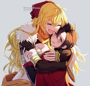 2girls absurdres bandages black_hair blonde_hair breasts cape cleavage closed_eyes commission grey_eyes highres hiru315 hug kuma_(bloodycolor) multiple_girls red_cape ruby_rose rwby third-party_source yang_xiao_long