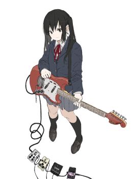 1girl black_eyes black_hair black_shoes black_socks blazer blue_jacket bow bowtie buttons cable closed_mouth collared_shirt dot_nose effects_pedal electric_guitar fender_mustang full_body grey_skirt guitar guitar_strap highres holding holding_guitar holding_instrument instrument jacket k-on! long_hair long_sleeves nakano_azusa pleated_skirt red_bow red_bowtie sakuragaoka_high_school_uniform school_uniform shirt shoes sidelocks skirt socks solo takekumo twintails white_background