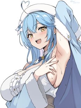 1girl :d ahoge arm_up armpit_focus armpits blue_hair blue_jacket breasts commentary elf flower hair_flower hair_ornament hat highres hololive jacket large_breasts looking_at_viewer open_mouth pointy_ears presenting_armpit seo_tatsuya smile solo spread_armpit sweat virtual_youtuber white_flower white_hat yukihana_lamy yukihana_lamy_(1st_costume)