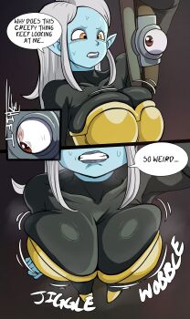 1girl absurdres blue_skin breasts brown_eyes bursting_breasts colored_skin dragon_ball dragon_ball_daima english_text female_focus gradient_background highres huge_breasts large_breasts long_hair looking_at_viewer pointy_ears pseudocel solo solo_focus speech_bubble sweat white_hair