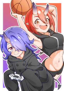 2girls absurdres armpits arms_behind_head basket black_jacket black_robe blush breasts brown_eyes closed_mouth controller cropped_jacket demon_girl demon_tail fang flat_chest game_controller groin hair_between_eyes hair_over_one_eye highres hime-sama_"goumon"_no_jikan_desu holding holding_basket holding_controller holding_game_controller horns inki_(himesama_goumon) jacket jumping large_breasts looking_at_viewer multiple_girls navel orange_hair pointy_ears purple_hair robe silhouette simple_background skin-covered_horns slit_pupils smile stomach tail thio_lovelive youki_(himesama_goumon)