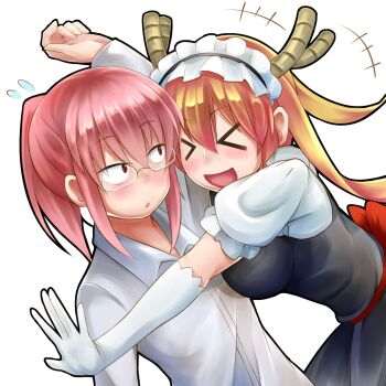 Rule 34 | > <, 2girls, black dress, commentary request, dragon girl, dragon horns, dress, glasses, gloves, horns, kirishima itsuki, kobayashi-san chi no maidragon, kobayashi (maidragon), looking at another, maid, multiple girls, open mouth, pink hair, ponytail, puffy short sleeves, puffy sleeves, red hair, shirt, short sleeves, simple background, smile, tohru (maidragon), white background, white gloves, white shirt