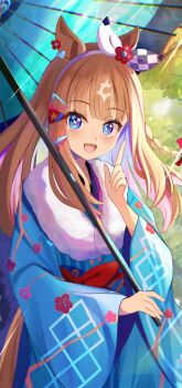 +_+ 1girl almond_eye_(umamusume) animal_ears blue_eyes blue_kimono blush bow bow_hairband braid braided_sidelocks brown_hair colored_inner_hair commentary_request floral_print floral_print_kimono fur-trimmed_kimono fur_trim hair_between_eyes hair_ornament hairband hairclip highres holding holding_umbrella horse_ears horse_girl horse_tail japanese_clothes kimono long_hair looking_at_viewer multicolored_hair open_mouth print_kimono smile solo symbol-shaped_pupils tail umamusume umbrella white_hairband x-shaped_pupils yo-ha