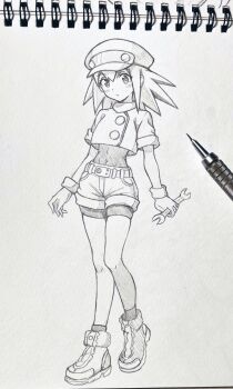 1girl art_tools_in_frame bodysuit commentary_request covered_navel full_body gloves greyscale hat highres holding holding_wrench looking_at_viewer medium_hair mega_man_(series) mega_man_legends_(series) monochrome nib_pen_(medium) pen_(medium) roll_caskett_(mega_man) seishun_dendeke shoes short_shorts shorts socks solo spiked_hair standing traditional_media wrench