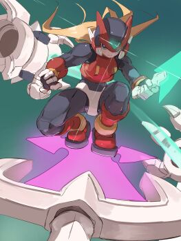 1boy absurdres armor battle black_eyes blonde_hair disembodied_hand energy_sword forehead_jewel full_body glint green_background helmet highres holding holding_sword holding_weapon long_hair mega_man_(series) mega_man_zero_(series) omega_(mega_man) omegamon omochi_(mochi_skymega) pov red_armor red_helmet simple_background solo_focus squatting sword weapon z_saber zero(z)_(mega_man) zero_(mega_man)