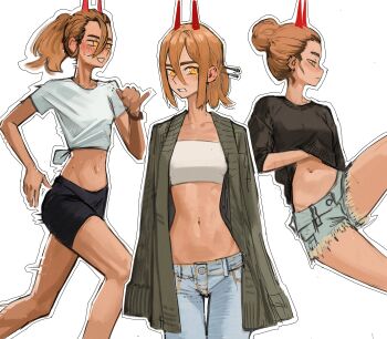 Rule 34 | 1girl, absurdres, alternate costume, black shirt, black shorts, blonde hair, blue pants, blue shorts, breasts, cardigan, chainsaw man, demon girl, demon horns, denim, denim shorts, grey cardigan, hair between eyes, hair bun, highres, horns, jeans, long hair, multiple views, navel, navel piercing, pants, piercing, ponytail, power (chainsaw man), red horns, shirt, short shorts, shorts, small breasts, strapless, tefi blum, tied shirt, tube top, white background, white shirt, white tube top, yellow eyes