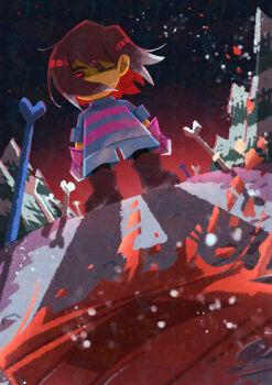 1other absurdres androgynous blue_shorts blue_sweater bone boots brown_boots brown_hair child clenched_hands colored_skin covered_mouth frisk_(undertale) from_below full_body gloves highres no_lineart no_sclera one_eye_closed other_focus pine_tree pink_gloves red_eyes road shadow shards short_hair shorts signature snow solo standing sweater tree undertale utdr_(toby_fox) watawata22 yellow_skin