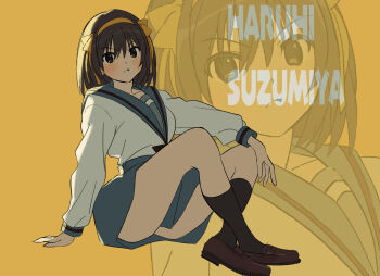 Rule 34 | 1girl, annoyed, black socks, blue sailor collar, blue skirt, blush, brown eyes, brown hair, brown shoes, character name, collarbone, from side, full body, hair ribbon, hairband, kakeami, kita high school uniform, kneehighs, knees up, loafers, long sleeves, looking at viewer, looking to the side, orange background, ribbon, sailor collar, school uniform, serafuku, shoes, simple background, sitting, skirt, socks, solo, suzumiya haruhi, suzumiya haruhi no yuuutsu, thighs, yellow background, yellow hairband, yellow ribbon, zoom layer