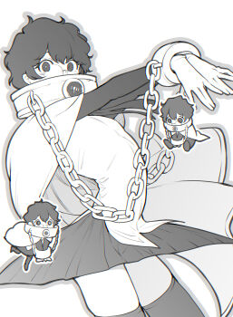 1girl arched_back black_thighhighs bound cape chain chibi chibi_inset chromatic_aberration circle_skirt collar commentary_request covered_mouth cuffs cuffs-to-collar greyscale hands_up highres limbus_company long_sleeves looking_at_viewer maki_maki_(makimakipoipoi) metal_collar miniskirt monochrome outline project_moon round_eyewear shackles short_hair simple_background skirt sora_(project_moon) thighhighs thighs white_background white_cape