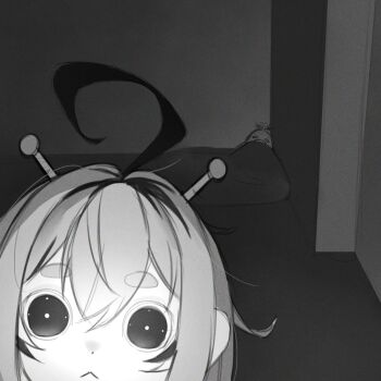 Rule 34 | 1girl, :<, ahoge, alien, antennae, cowering, dooby, greyscale, huge ahoge, indie virtual youtuber, kippu (dooby), looking at viewer, monochrome, multicolored hair, short eyebrows, streaked hair, under covers, virtual youtuber, wide-eyed, yubbiidraw