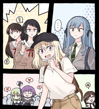 ! ... 6+girls ? ave_mujica_(bang_dream!) backpack bag bang_dream! bang_dream!_it&#039;s_mygo!!!!! baseball_cap black_choker black_hair black_hat black_necktie black_ribbon blonde_hair blue_eyes blue_hair blush brown_bag brown_dress brown_hair choker closed_eyes commentary_request diagonal-striped_clothes diagonal-striped_necktie dress green_hair green_necktie grey_shirt hair_ribbon hanasakigawa_school_uniform haneoka_school_uniform hat heart highres holding_drink_carton long_hair medium_hair misumi_uika mole mole_under_eye multiple_girls necktie nervous_sweating open_mouth purple_eyes purple_hair ribbon sailor_dress school_uniform selfie_stick shiina_taki shirt short_hair short_sleeves sidelocks spoken_ellipsis spoken_exclamation_mark spoken_question_mark striped_clothes sumimi_(bang_dream!) sumita_mana sweat teeth togawa_sakiko upper_teeth_only v wakaba_mutsumi white_shirt yahata_umiri yellow_eyes yrk_ev yuutenji_nyamu