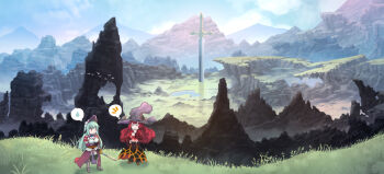 2girls armor bird blue_hair blue_sky closed_eyes closed_mouth commentary_request day holding holding_sword holding_weapon huge_weapon long_hair looking_at_another multiple_girls nagi_itsuki open_mouth original outdoors pixiv_fantasia pixiv_fantasia_revenge_of_the_darkness red_eyes red_hair scenery sky smile speech_bubble sword thinking thought_bubble weapon