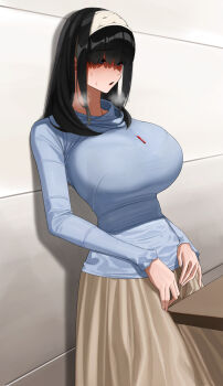 1girl alternate_breast_size_(larger) black_hair blue_eyes blue_shirt blush breasts commentary_request grey_skirt hairband highres huge_breasts idolmaster idolmaster_cinderella_girls jewelry long_hair long_sleeves necklace open_mouth sagisawa_fumika senju_(snz0) shirt skirt solo sweat table white_hairband