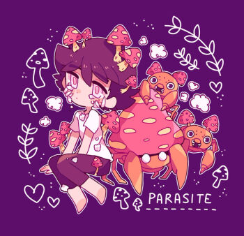 1boy alternate_costume ash_ketchum barefoot blush brown_hair brown_pants catsubun_(kkst0904) commentary evolutionary_line gen_1_pokemon male_focus nintendo outline pants paras parasect pokemon pokemon_(anime) pokemon_(creature) pokemon_sm_(anime) purple_background shirt short_hair short_sleeves t-shirt white_eyes white_shirt