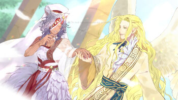 1boy 1girl 91007 animal_ears blonde_hair commentary_request couple dark-skinned_female dark_skin dress eyepatch feathered_wings fire_emblem fire_emblem:_radiant_dawn fire_emblem_heroes fur_trim green_eyes grey_hair groom hetero highres holding_hands laguz_(fire_emblem) long_hair nailah_(bridal)_(fire_emblem) nailah_(fire_emblem) nintendo rafiel_(fire_emblem) rafiel_(groom)_(fire_emblem) wedding_dress wings wolf_ears
