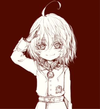 1girl @_@ arm_up belt buttons commentary_request cross eyelashes hair_between_eyes karaage_(torikkk) looking_at_viewer military_uniform monochrome ponytail raised_eyebrow red_background salute short_ponytail smile standing tanya_degurechaff youjo_senki