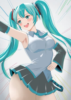 1girl aqua_eyes aqua_hair aqua_necktie artist_request black_thighhighs breasts detached_sleeves hand_on_own_hip hatsune_miku long_bangs medium_breasts necktie open_mouth pale_skin pointing pointing_to_the_side shoulder_tattoo smile solo tattoo teeth thighhighs tongue twintails upper_teeth_only vocaloid white_background