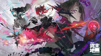 Rule 34 | arknights, arknights: endfield, black boots, black dress, boots, commentary request, demon girl, demon horns, dress, green hair, highres, holding, holding sword, holding weapon, horns, kaninn, laevatein (arknights), long hair, long sidelocks, medium hair, pointy ears, profile, purple eyes, red hair, sidelocks, surtr (arknights), sword, thigh strap, weapon, xaihi (arknights)