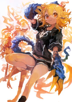 2girls :3 absurdres black_shirt black_shorts black_socks blonde_hair claws commentary_request elemental_(creature) fire fire_elemental hair_between_eyes highres kaamin_(mariarose753) leg_up lizard_tail multiple_girls original red_eyes reptile_girl shirt short_shorts short_sleeves shorts simple_background socks tail tokage_(kaamin) white_background