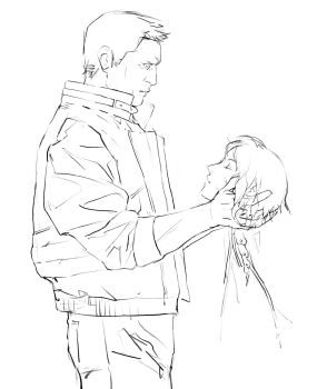 1boy 1girl absurdres aizheajsee artificial_eye black_outline cable cyborg ghost_in_the_shell greyscale highres holding_detached_head jacket kusanagi_motoko medium_hair monochrome outline severed_head white_background