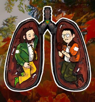 2boys arm_hair black_hair bomber_jacket brown_gloves brown_hair chibi chibi_only cigarette collared_shirt disco_elysium facial_hair glasses gloves green_jacket hand_on_own_head harry_du_bois highres horrific_necktie jacket kim_kitsuragi looking_at_another lungs male_focus multiple_boys mustache mutton_chops necktie orange_jacket own_hands_together shirt vladpostsstuff white_shirt