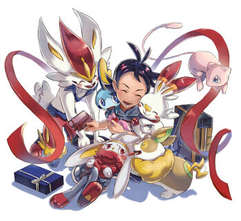 1boy ajc antenna_hair backpack bag black_hair black_pants blush box cinderace closed_eyes crossed_legs gen_1_pokemon gen_8_pokemon gift gift_box goh_(pokemon) grey_shirt happy_valentine highres holding holding_gift hug indian_style legendary_pokemon looking_at_another lower_teeth_only lying mew_(pokemon) mythical_pokemon nintendo on_back on_lap on_shoulder open_mouth pants pokemon pokemon_(anime) pokemon_(creature) pokemon_journeys pokemon_on_lap pokemon_on_shoulder raboot scorbunny shirt short_hair short_sleeves sitting smile sobble teeth tongue tongue_out white_background yamper